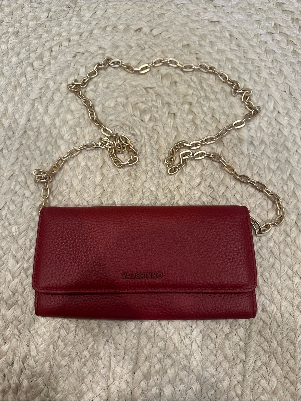 Valentino Cherry Red Pebbled Leather Crossbody with Gold Chain